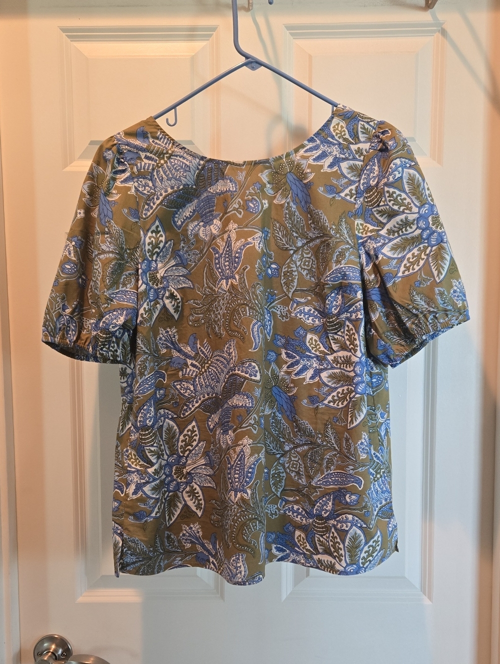 Talbots Olive Floral Boatneck Blouse with Blue Accents